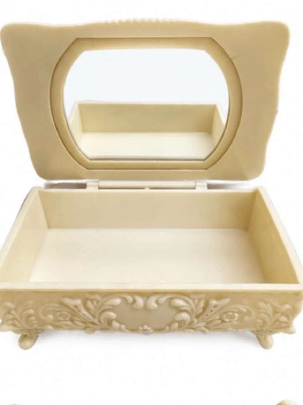 Vintage Ivory Style Ornate Jewelry Box w/ Mirror Romantic Relief Trinket Box